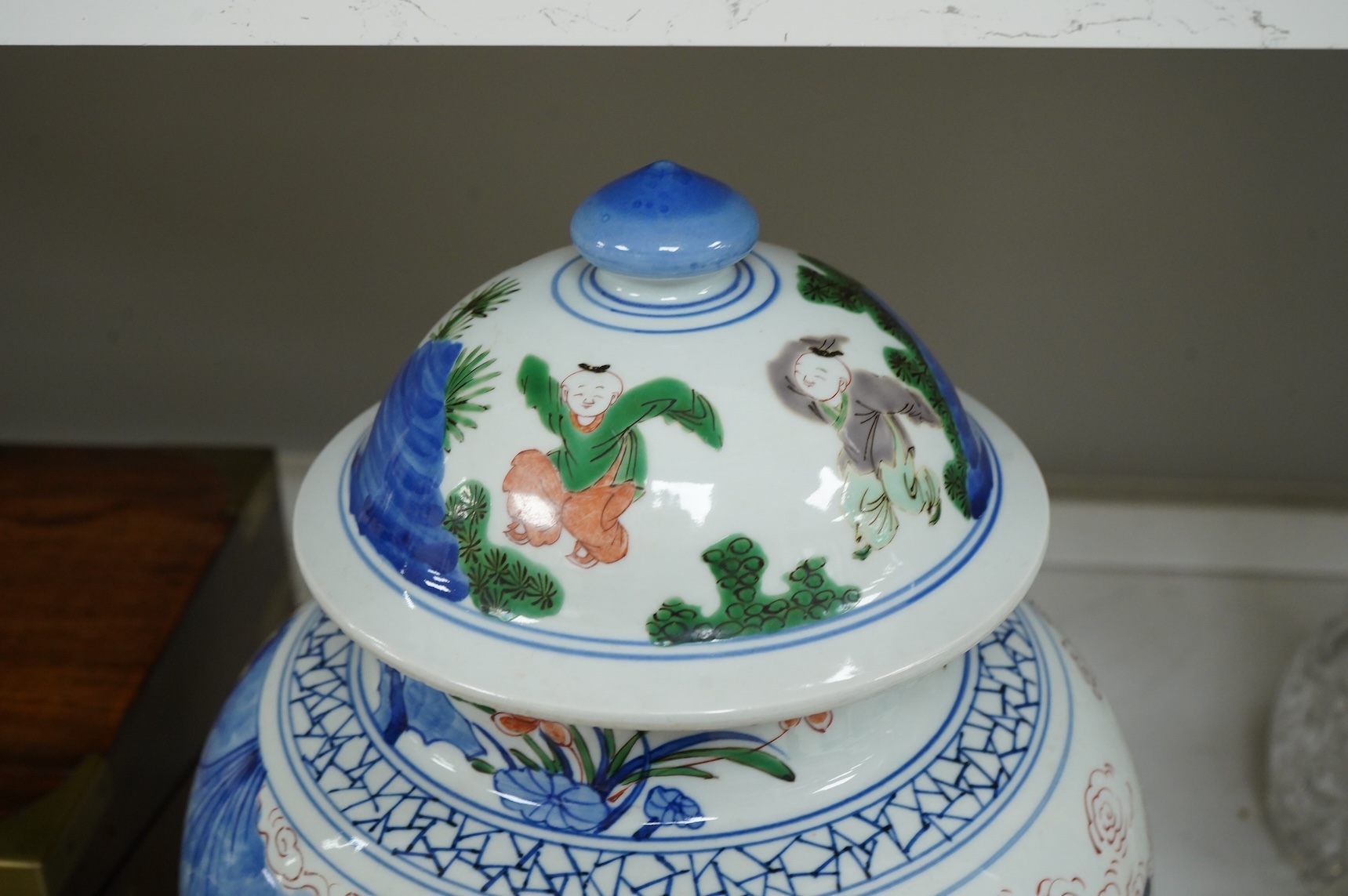 A Chinese famille verte baluster jar and cover, 42cm
